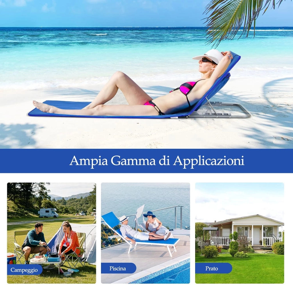 Set 2 Sdraio da Spiaggia con Tavolino, Tappettino Spiaggia Pieghevole con Schienale Reclinabile, Poggiatesta e Tasca Posteriore, Portatile con Manico, per Giardino e Campeggio (Blu)