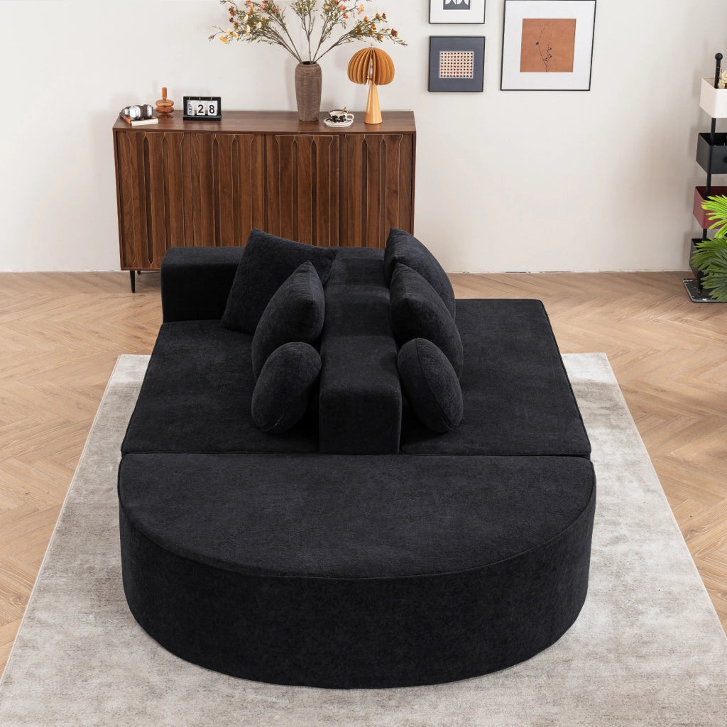 Sofà modulare in chenille nero, struttura in schiuma completa, senza montaggio, convertibile in letto