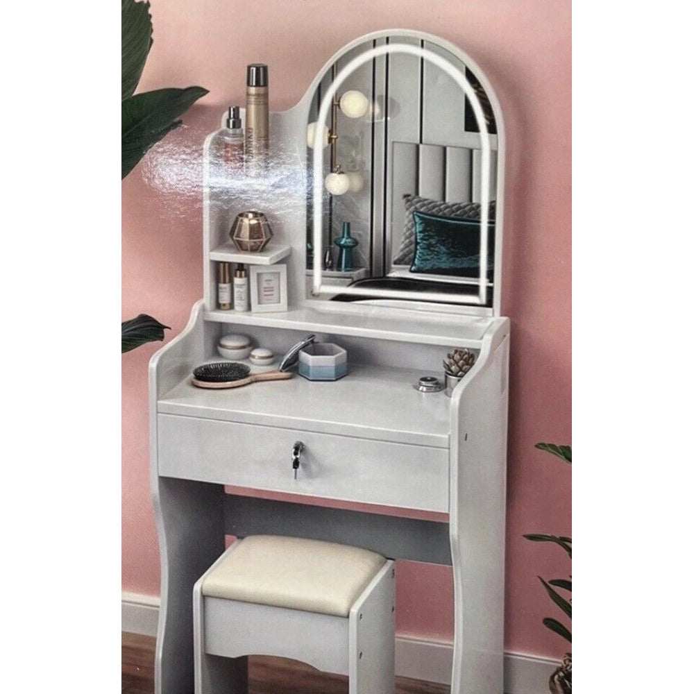 Trade Shop - Toilette Postazione Trucco Con Sgabello Moderno Specchio Con Luce Led Touch 2 Colori - Bianco