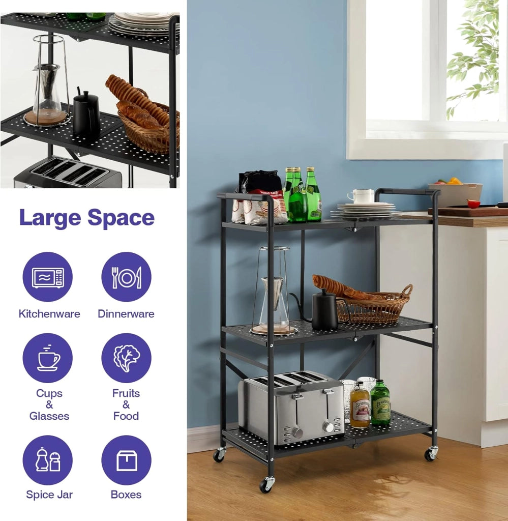 Carrello Portaoggetto Pieghevole, Scaffali con Ruote Bloccabili 3 Ripiani e Maniglie, Carrello con Ruote Portatutto per Cucina Soggiorno Corridoio