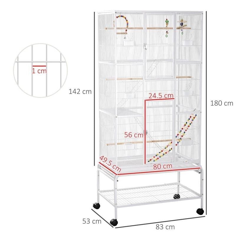 GABBIA PER UCCELLI IN ACCIAIO E PP CON POSATOI, GIOCHI, CONTENITORI PER CIBO E VASSOIO, 83X53X180 CM, BIANCO