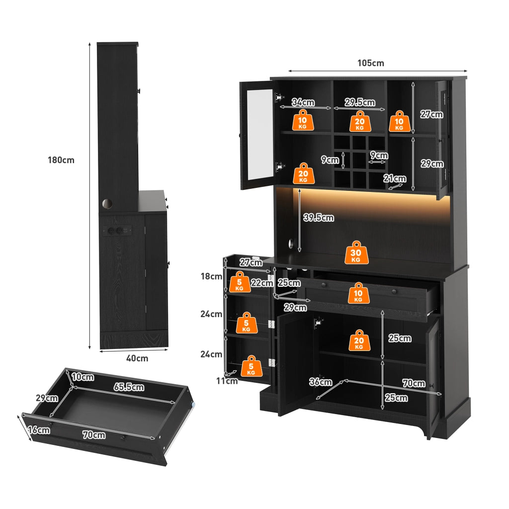 Credenza buffet moderna con LED RGB, prese integrate, ripiani regolabili e vani contenitore, 180 × 105 × 40 cm, nero