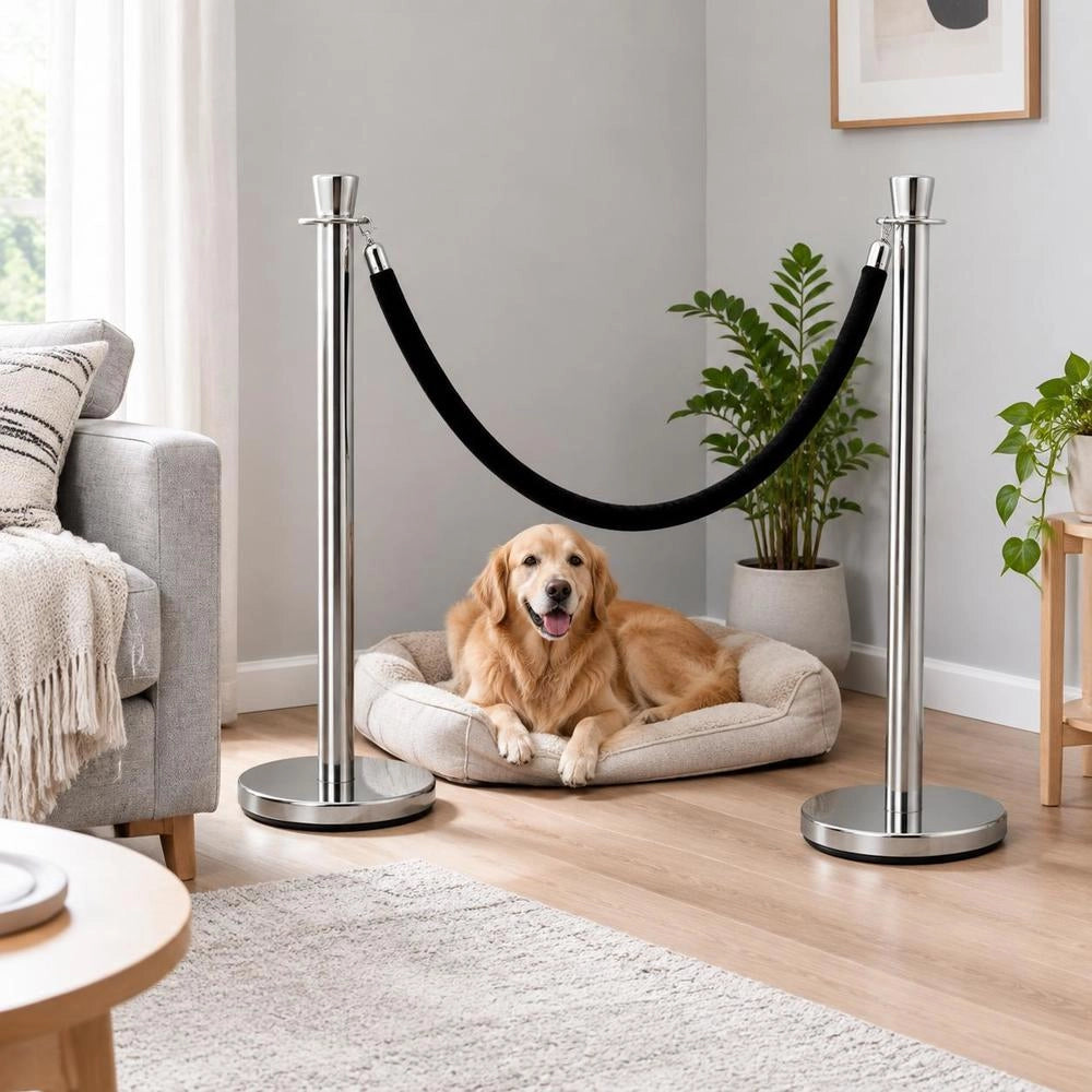Crowd Control Support, 2-piece Set, Stake Set With 1.5 M Black Velvet Rope, Silver Crowd Control Barrier With Stable Concrete And Metal Base – Easy Assembly