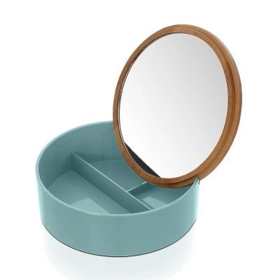 Porta trucchi da bagno tondo in plastica turchese e bambù completo di specchio