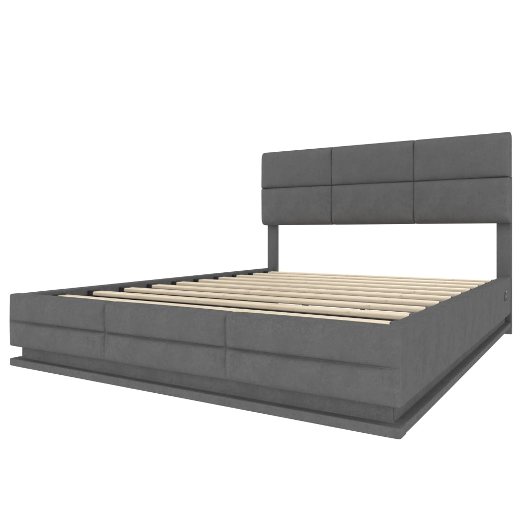 Letto 140x200 cm con testiera regolabile; LED; USB e contenitore in velluto grigio scuro