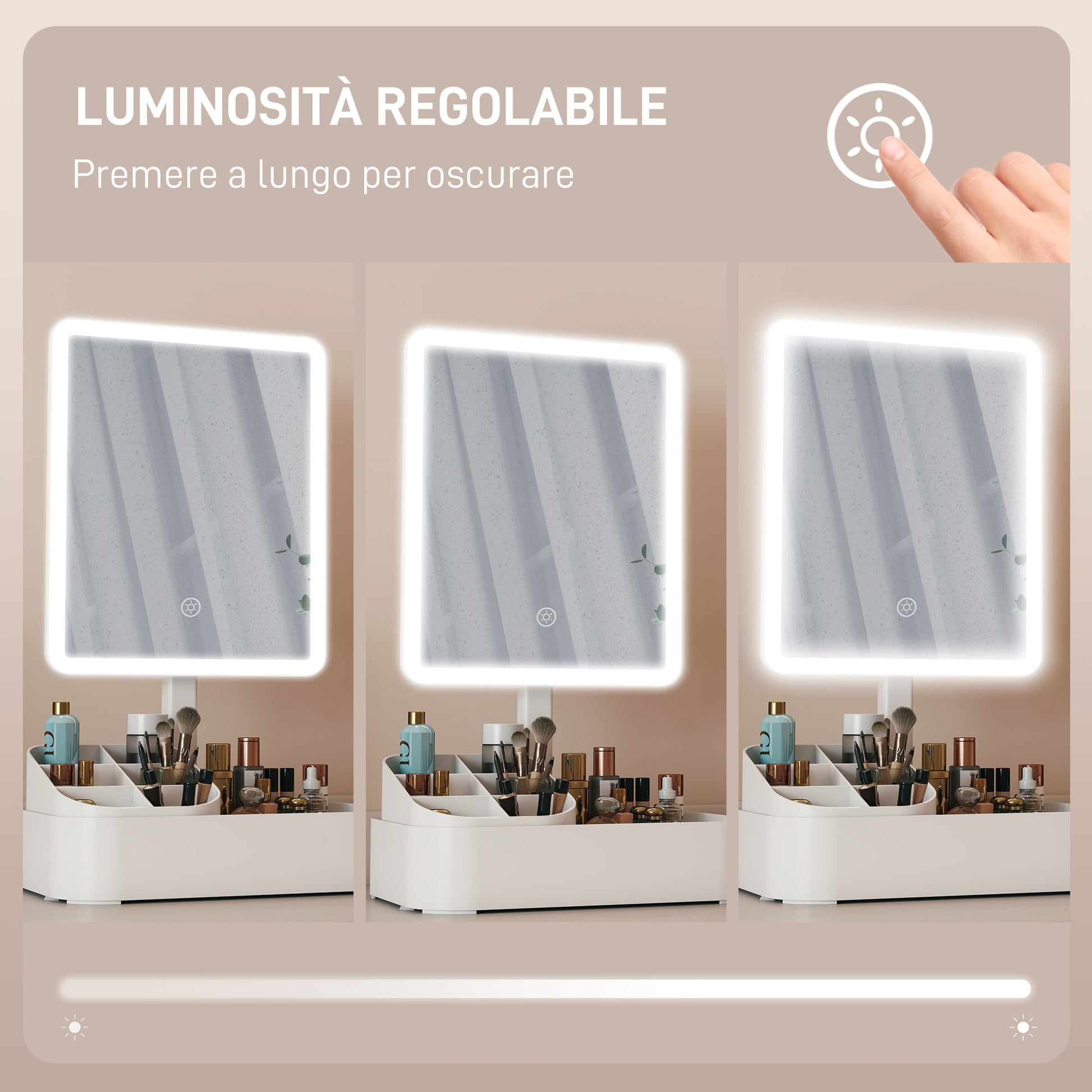 Specchio da Trucco con Luce Regolabile su 2 Livelli Rotazione 180° e Organizer per Trucchi Bianco