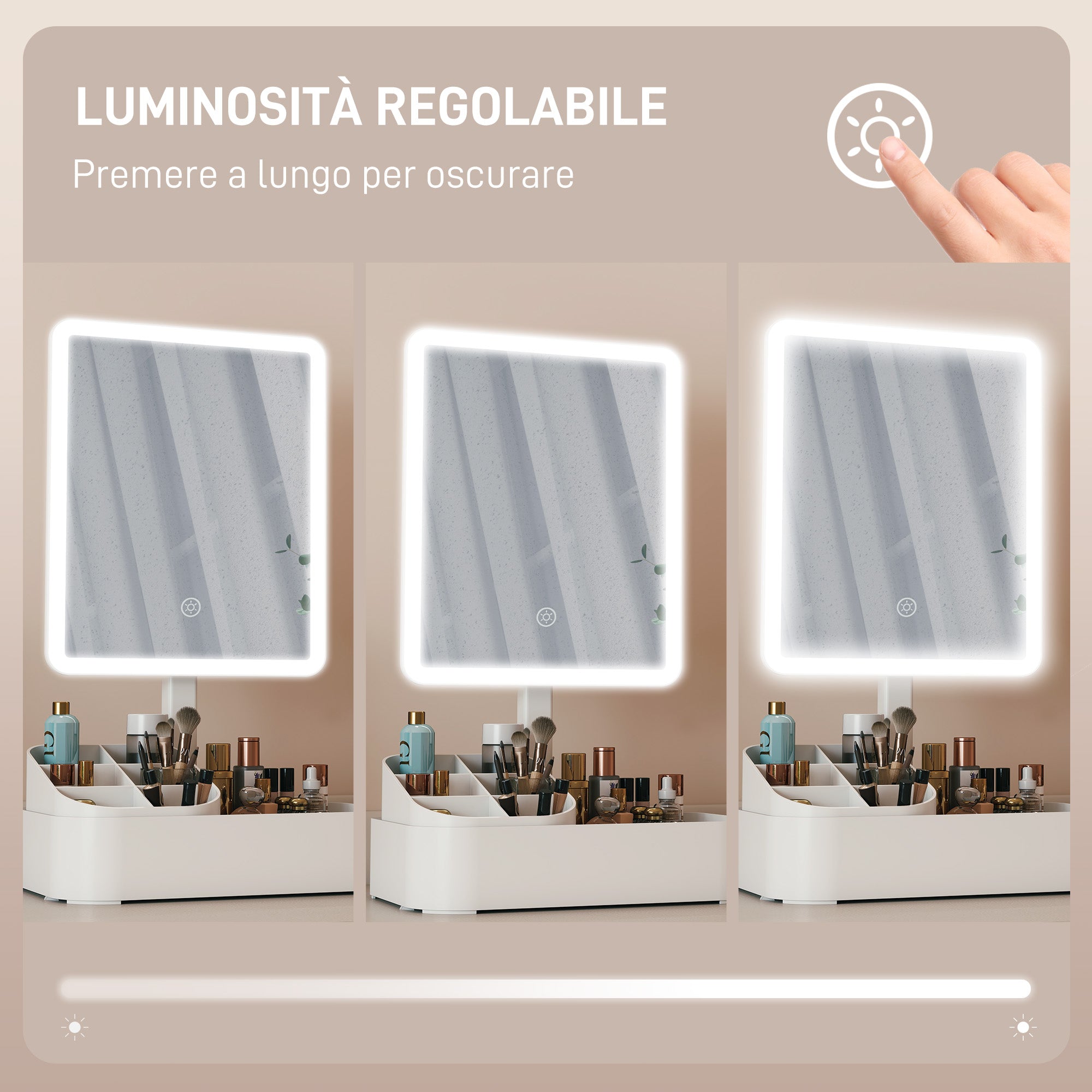 Specchio da Trucco con Luce Regolabile su 2 Livelli Rotazione 180° e Organizer per Trucchi Bianco