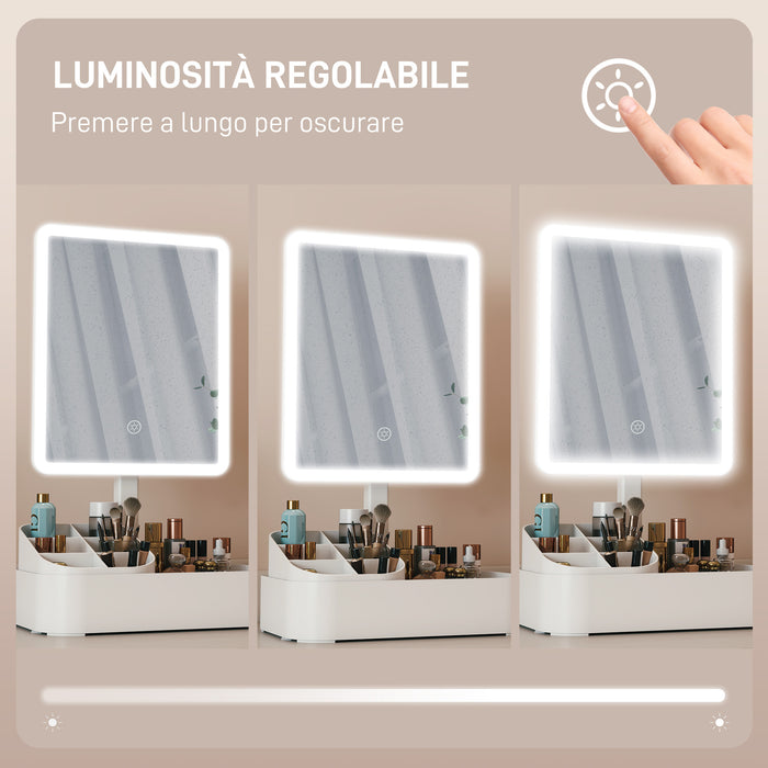 Specchio da Trucco con Luce Regolabile su 2 Livelli Rotazione 180° e Organizer per Trucchi Bianco