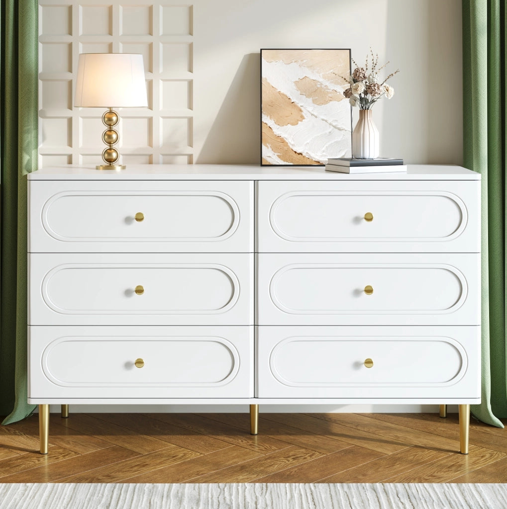 Sideboard bianco con 6 cassetti; frontali ovali e gambe in metallo; 120x40x75 cm