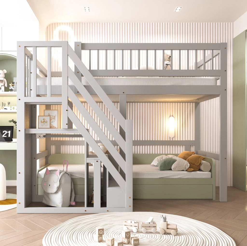 Letto a soppalco 90x200 cm con scala portaoggetti in legno grigio