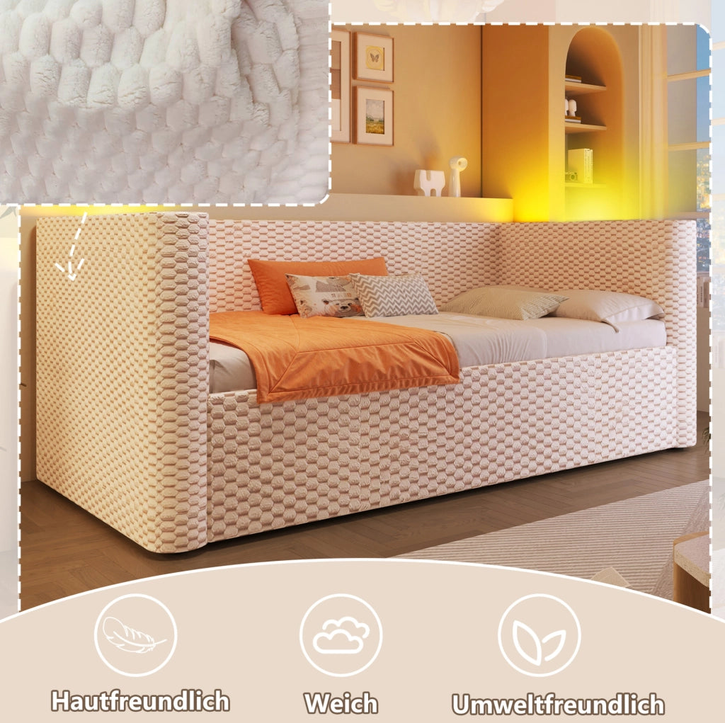 Divano letto daybed 90x200 cm in velluto beige con LED e contenitore idraulico