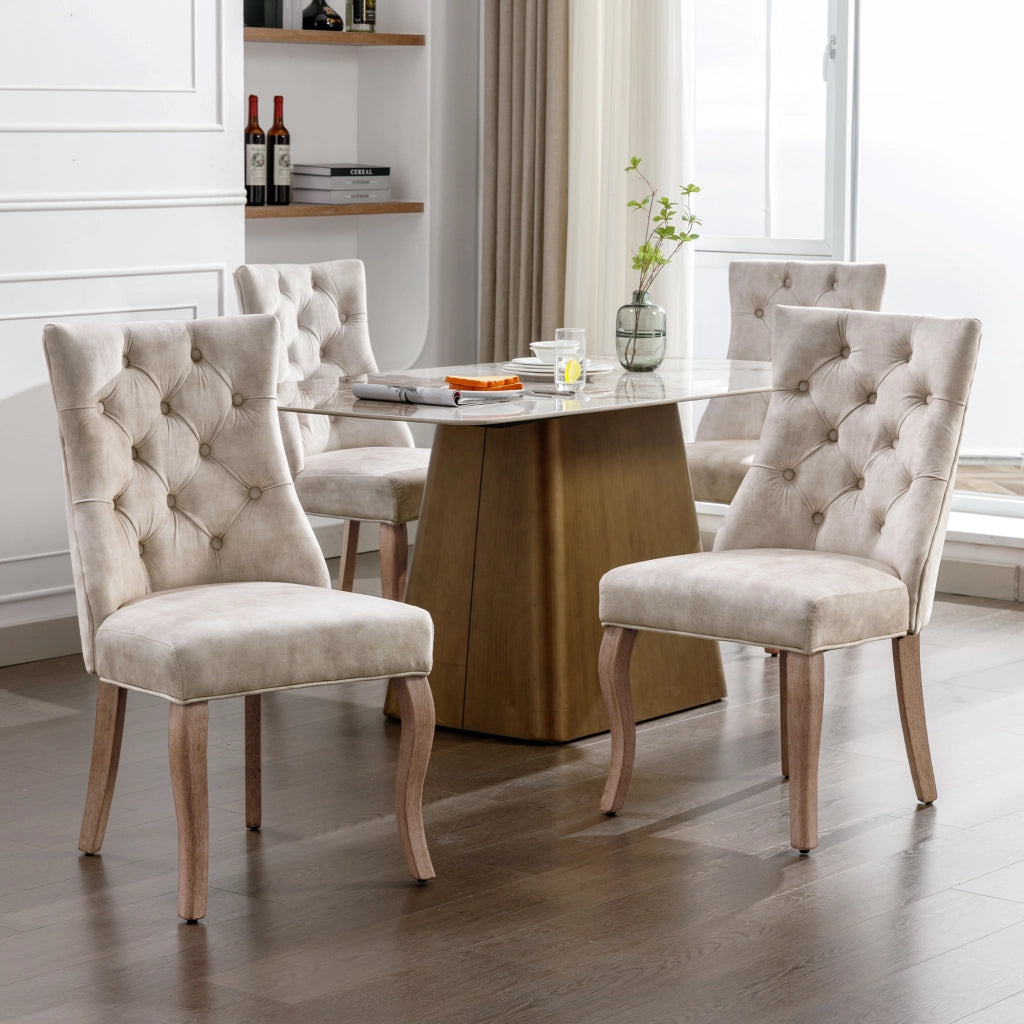 Sedie da Pranzo con Schienale Alto ¨C MINIMAL ¨C Set 4 Pezzi, Velluto Beige, Gambe in Legno Massello