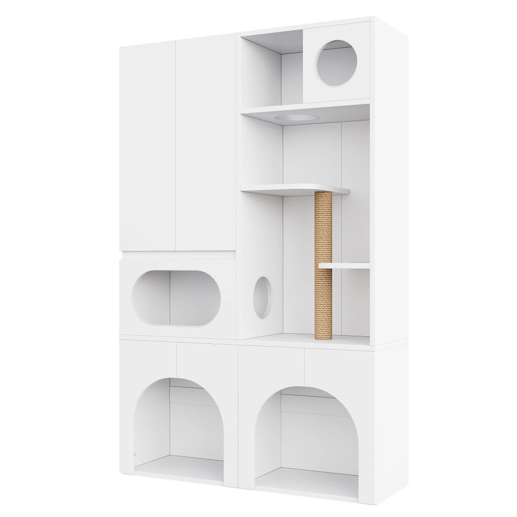 Mobile coperto per lettiera per gatti con tiragraffi e ripiani, per gatti e cani, in MDF, bianco, 140 × 45 × 195 cm