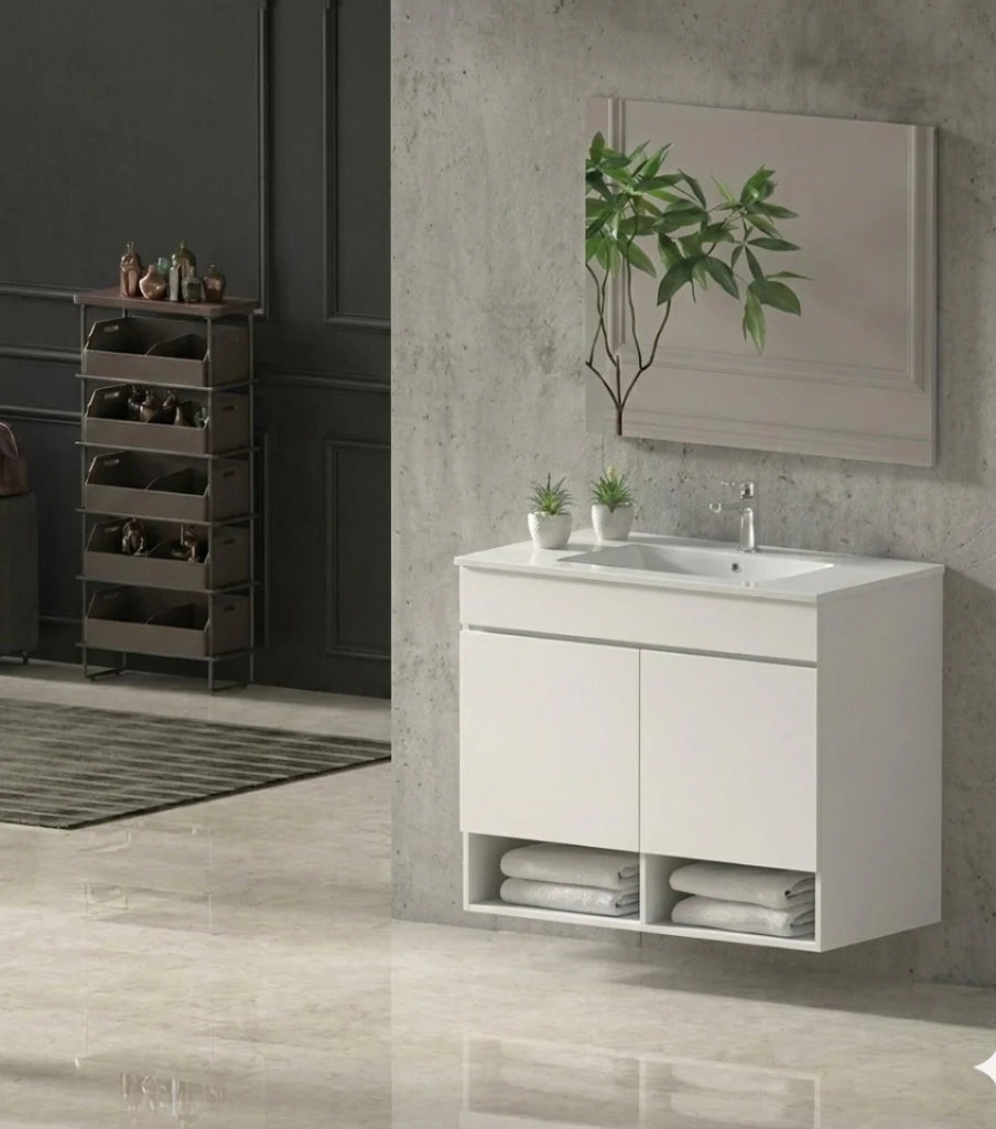 Mobile Bagno NEBARI Già Montato 2 portas, lavabo e specchio Bianco lucido 100x40 cm