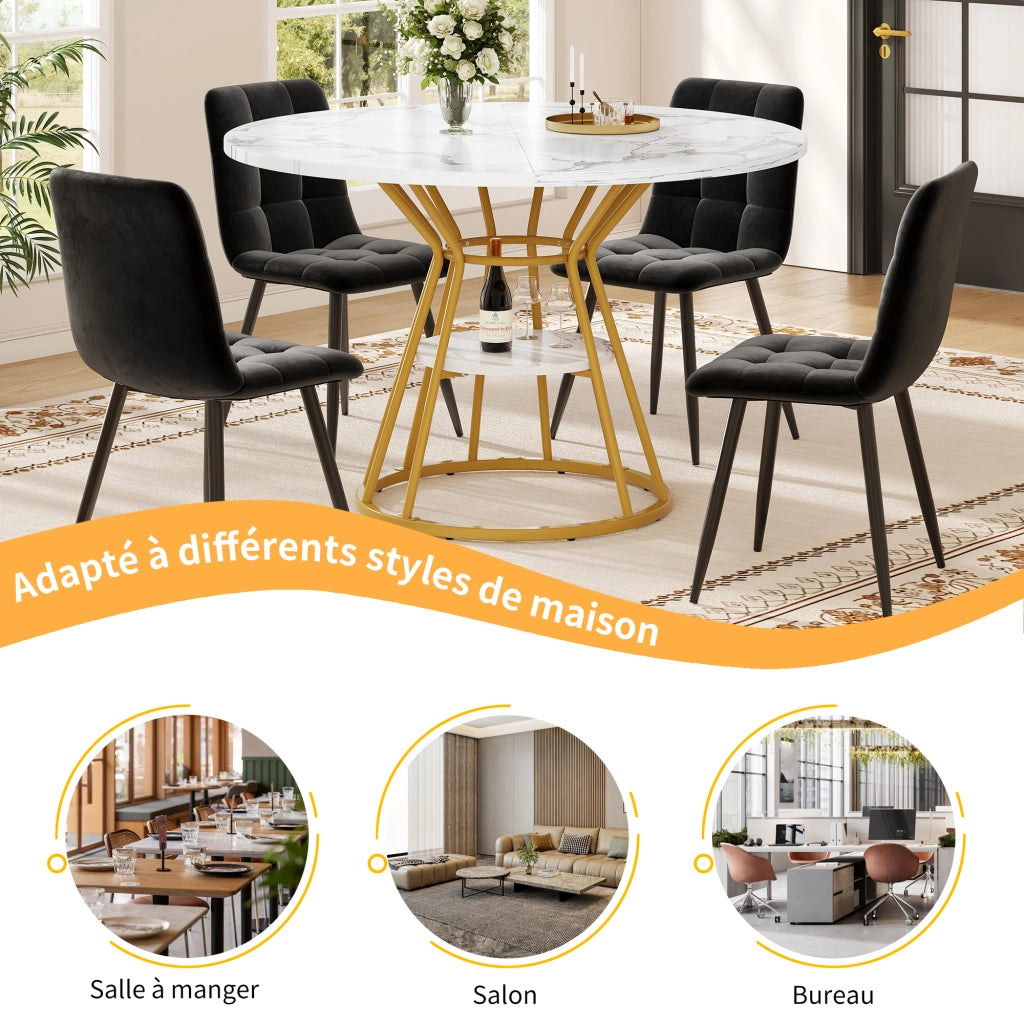 Tavolo da pranzo per 4 persone con 4 sedie in velluto, piano effetto marmo, in MDF e metallo, oro, 100 × 100 × 76 cm