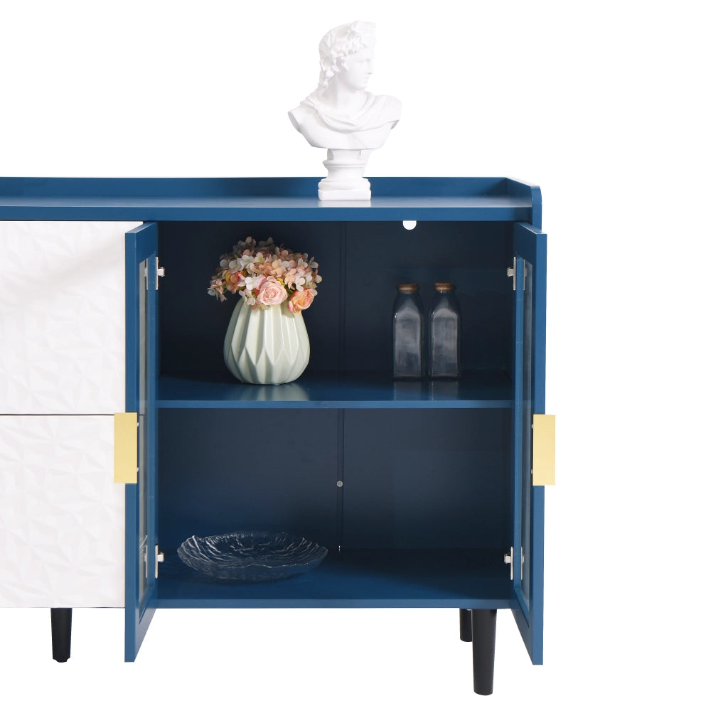 Buffet da Cucina con Vetro e Cassetti ¨C Xylo ¨C Legno Blu, 2 Ante, 55 Pollici