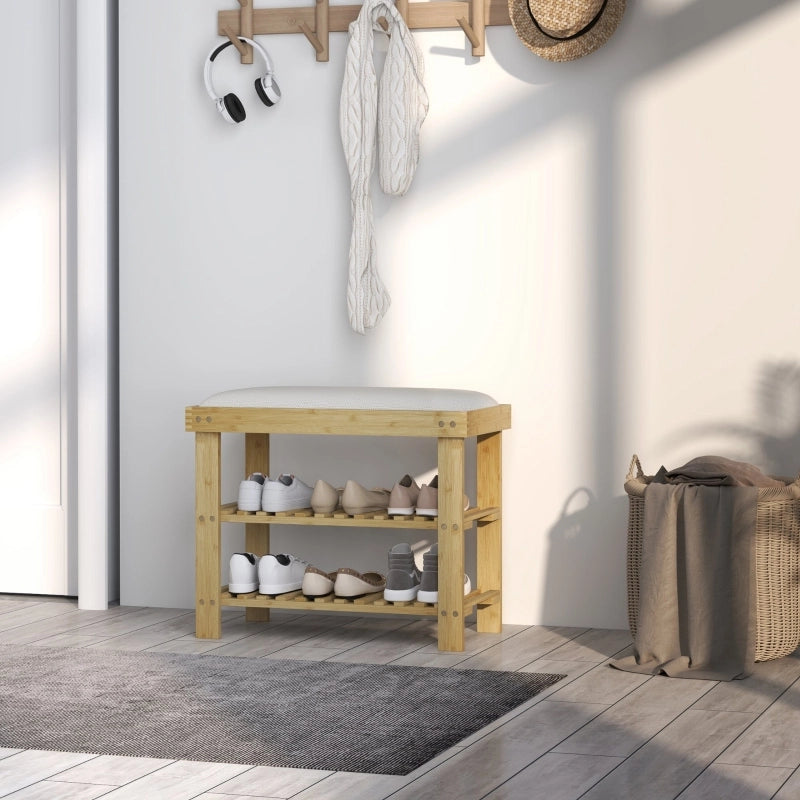 Panca da ingresso in bambù con cuscino color crema e due ripiani per scarpe 49 × 60 × 29 cm