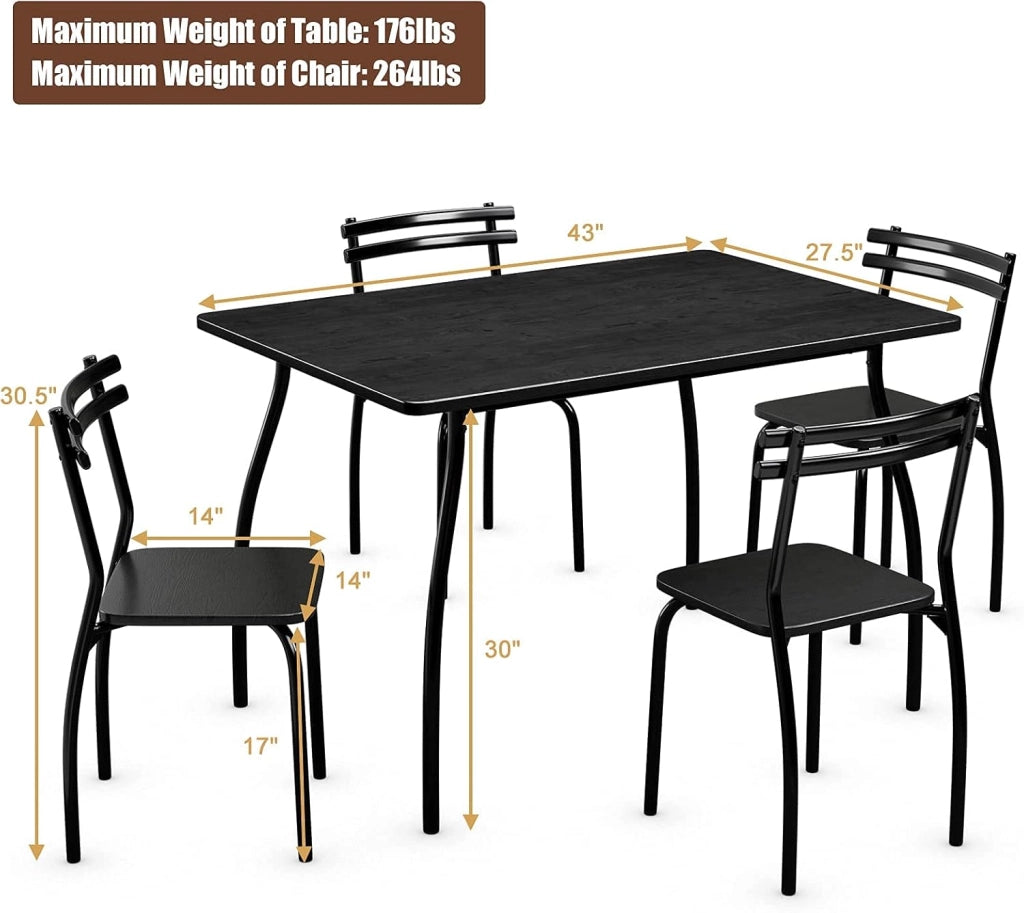 Set Tavolo da Pranzo e sedie in Legno e Metallo, Tavolo Rettangolare con 4 sedie, Nero (Stile 1)