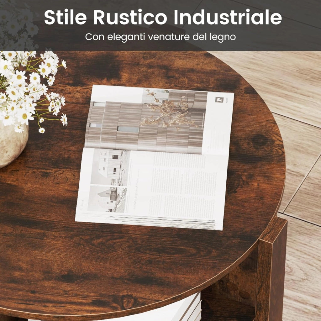 Tavolino da Caffè Rotondo con Ripiano Diviso a 4, Tavolino Basso in Legno Moderno, Tavolo per Salotto, Soggiorno e Cameretta, 74,5 x 74,5 x 45,5 cm (Marrone)
