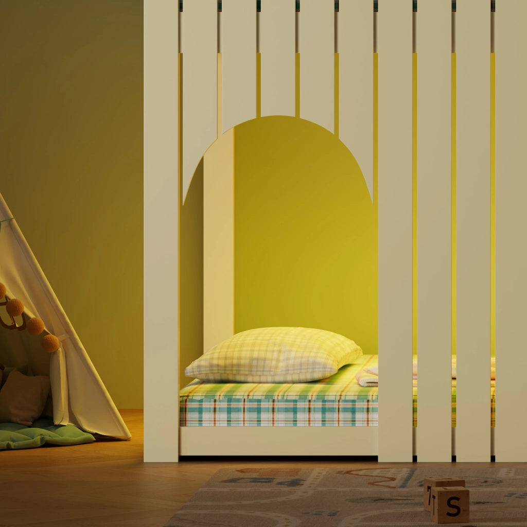 Letto a Soppalco 90x200 cm - Luci LED; Scala a 3 Gradini e Mensole - Naturale