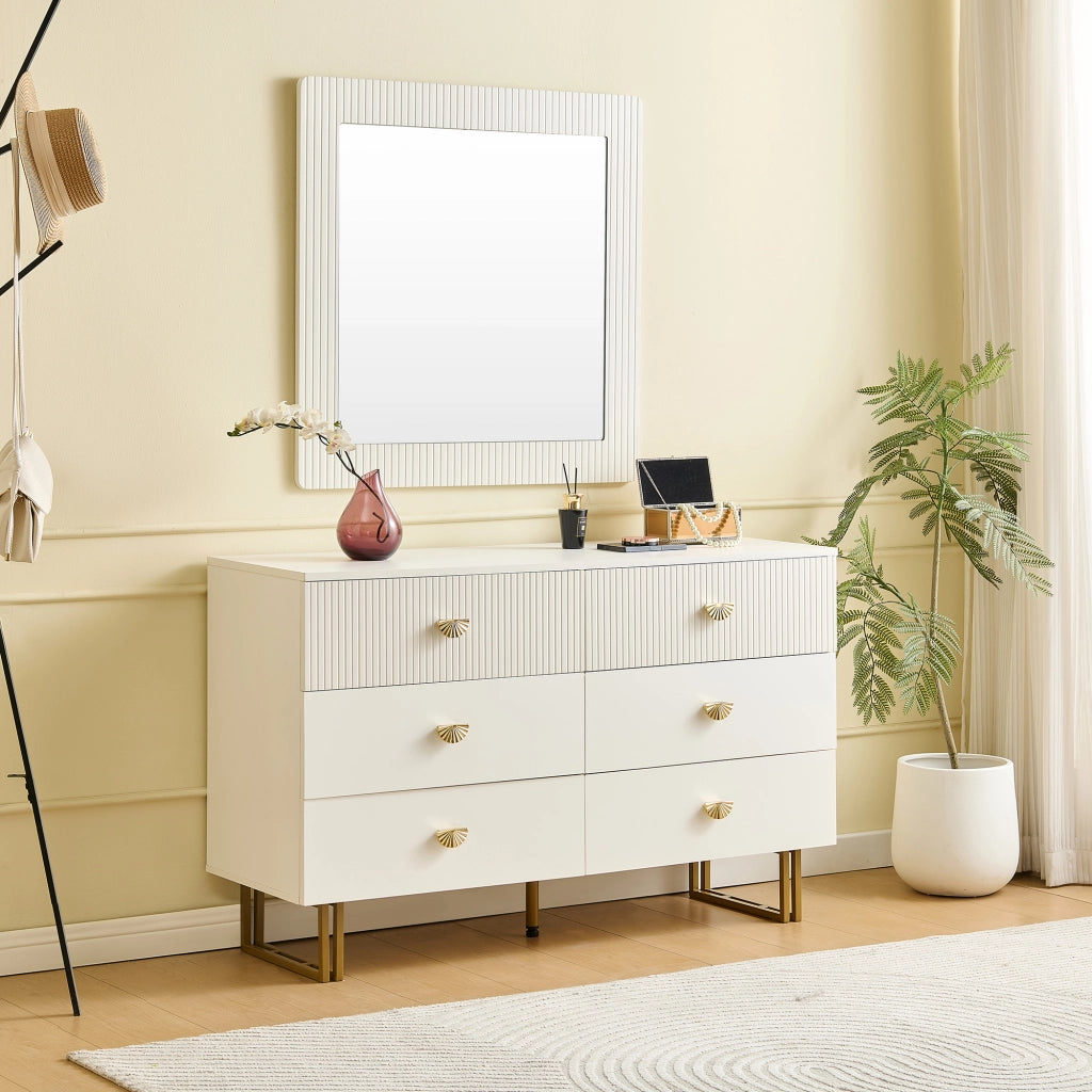 Set di Mobili da Soggiorno con 1 Credenza 6 Cassetti e 1 Specchio da Parete Quadrato; Contenimento; per Ingresso e Camera; MDF; Bianco