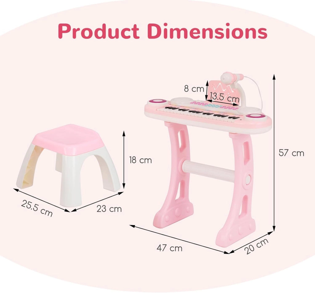 Pianoforte per Bambini con 37 Tasti, Pianola per Bambina con Effetti Luminosi e Microfono Regolabile, Tastiera Musicale Bambini con Sgabello, 8 Ritmi/Suoni per Bambini 3+ Anni (Rosa)