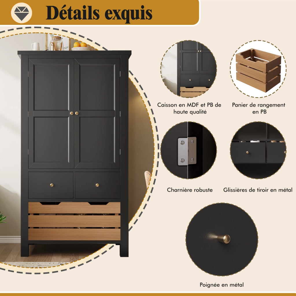 Credenza da Cucina Alta con 2 Ante; 5 Cassetti e 2 Ripiani per Cucina; in MDF; 80×40×140 cm; Nero