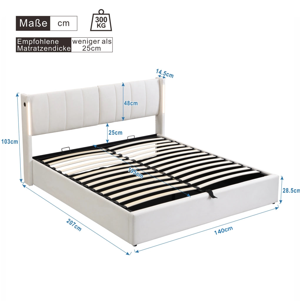 Letto imbottito 140x200 cm con LED; USB e contenitore; testiera regolabile in PU bianco