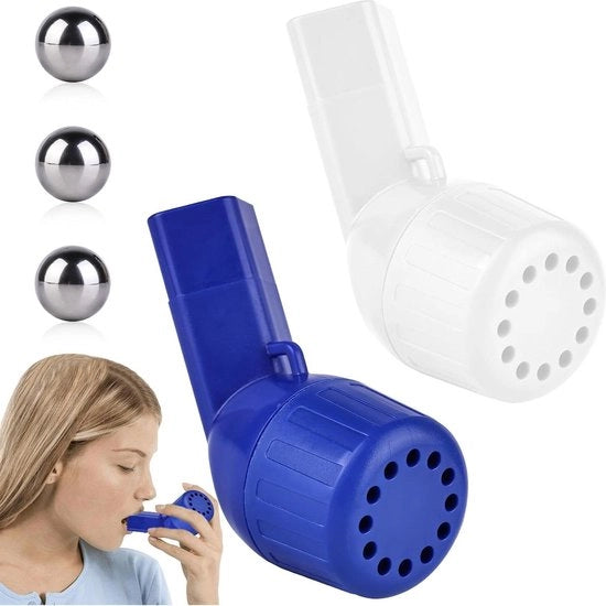 Esercitatore polmoni - ademtrainer con palline in acciaio - blu e bianco - apparecchio per esercizi respiratori - pulisce i polmoni - aumenta la capacità polmonare