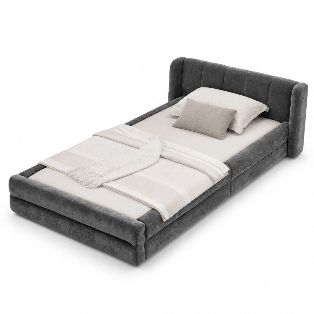 Letto singolo 90x200 cm in tessuto Chenille; testiera ergonomica; grigio scuro