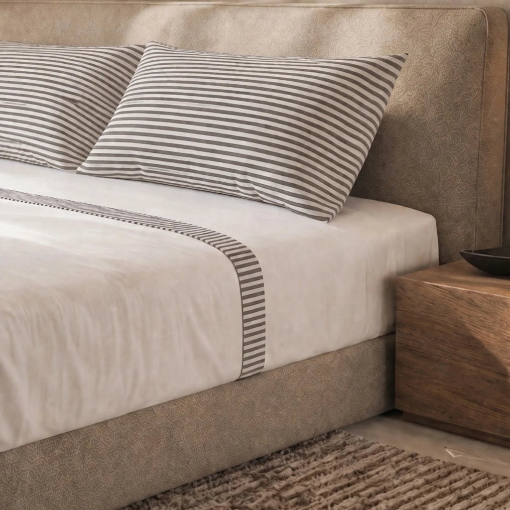 Set Lenzuola Letto Una Piazza e Mezza in Puro Cotone | Completo Letto 1 Piazza e Mezza | Lenzuolo con angoli, Lenzuolo Piano e 1 Federa | Lenzuola in Cotone con Balza a Righe Tortora