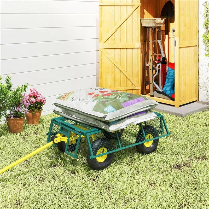 CARRELLO DA GIARDINO IN ACCIAIO CON CAPACITÓ 200 KG E PARETI LATERALI RIMOVIBILI, 104X54X51 CM, VERDE E GIALLO