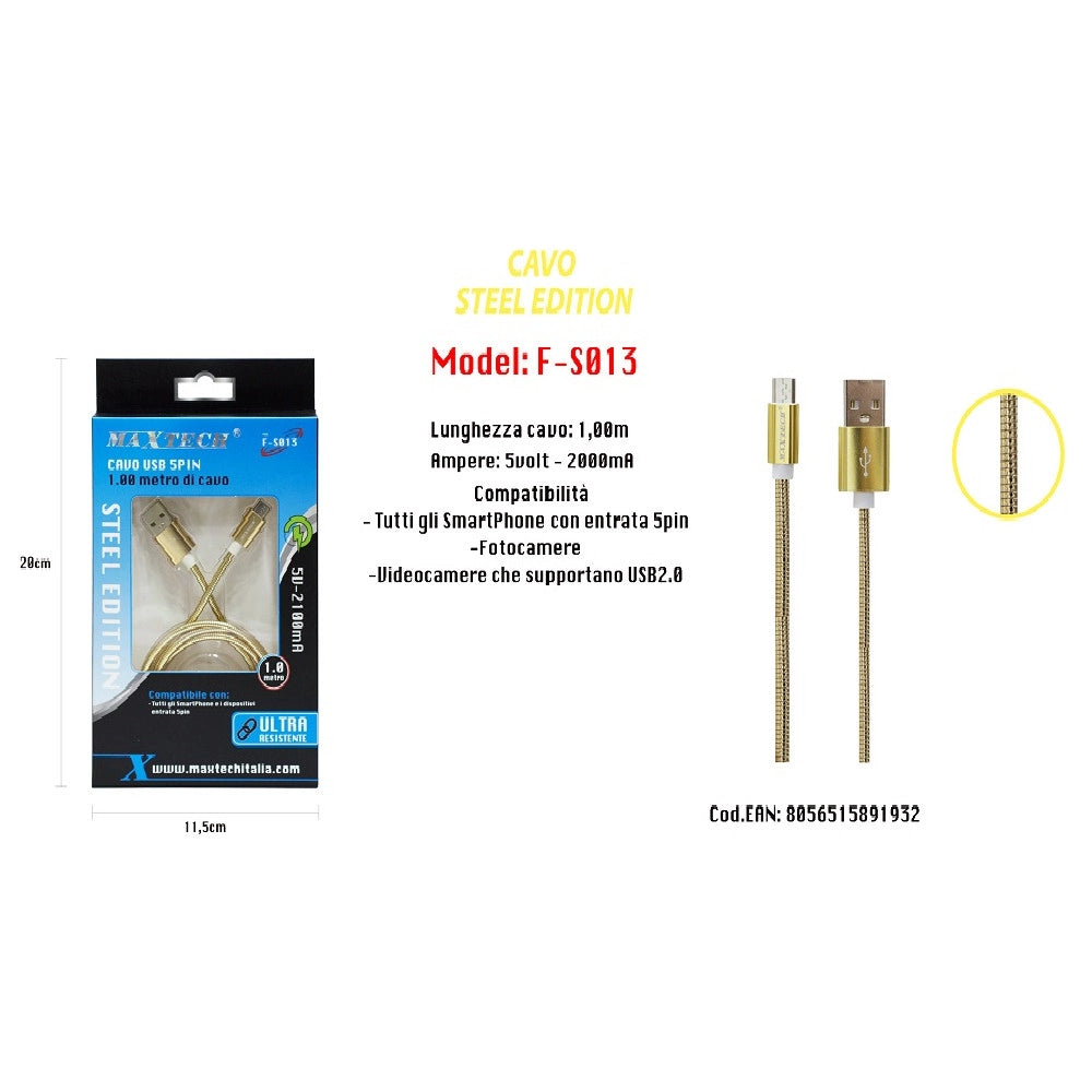 Trade Shop - Cavo Usb Steel Edition X Smartphone 5 Pin 5volt - 2100ma 1,0 Mt Maxtech F-s013 -
