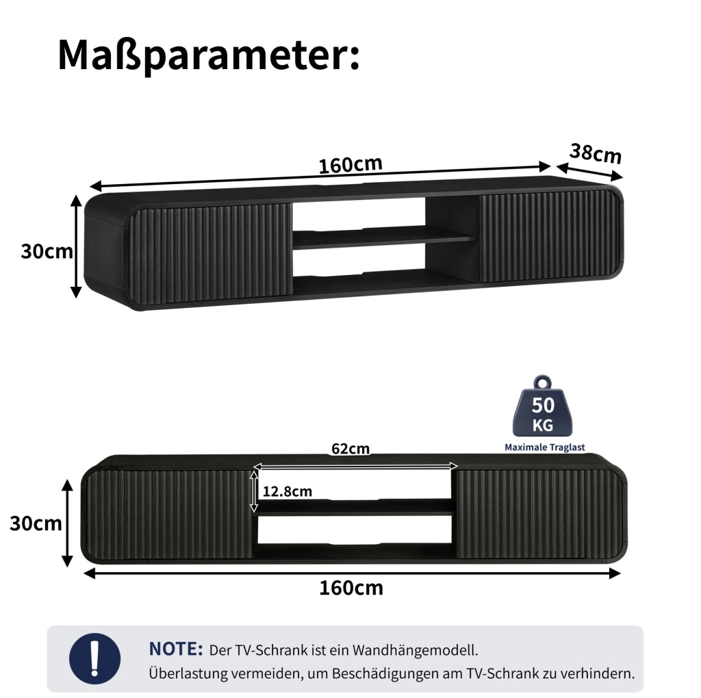 Mobile TV sospeso 160 cm nero con vani aperti e passacavi