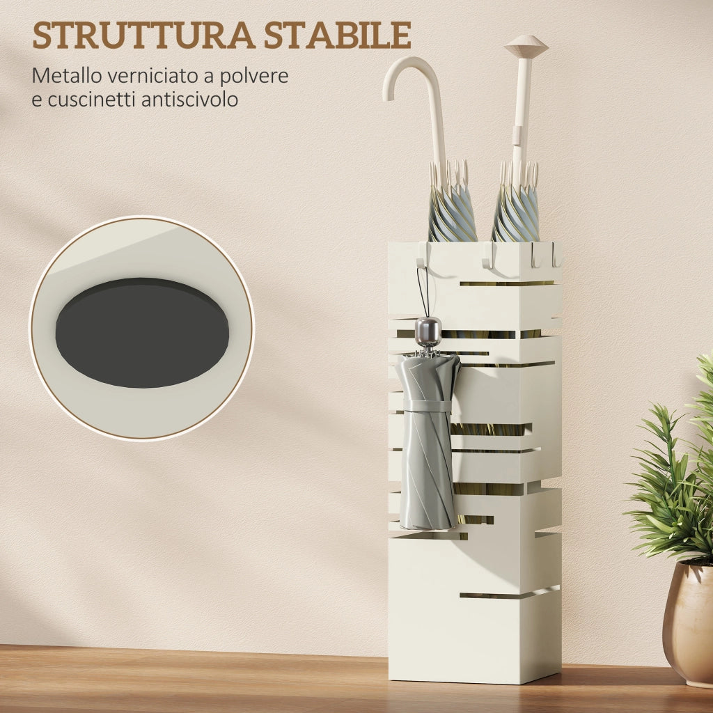 Portaombrelli Moderno 15,5x15,5x49 cm con Raccogligocce e Ganci in Metallo Beige