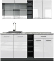 Cucina completa R-Line, Bianco lucido/antracite, 160 cm, PL Marmo, adatto per l'espansione individuale con moduli aggiuntivi