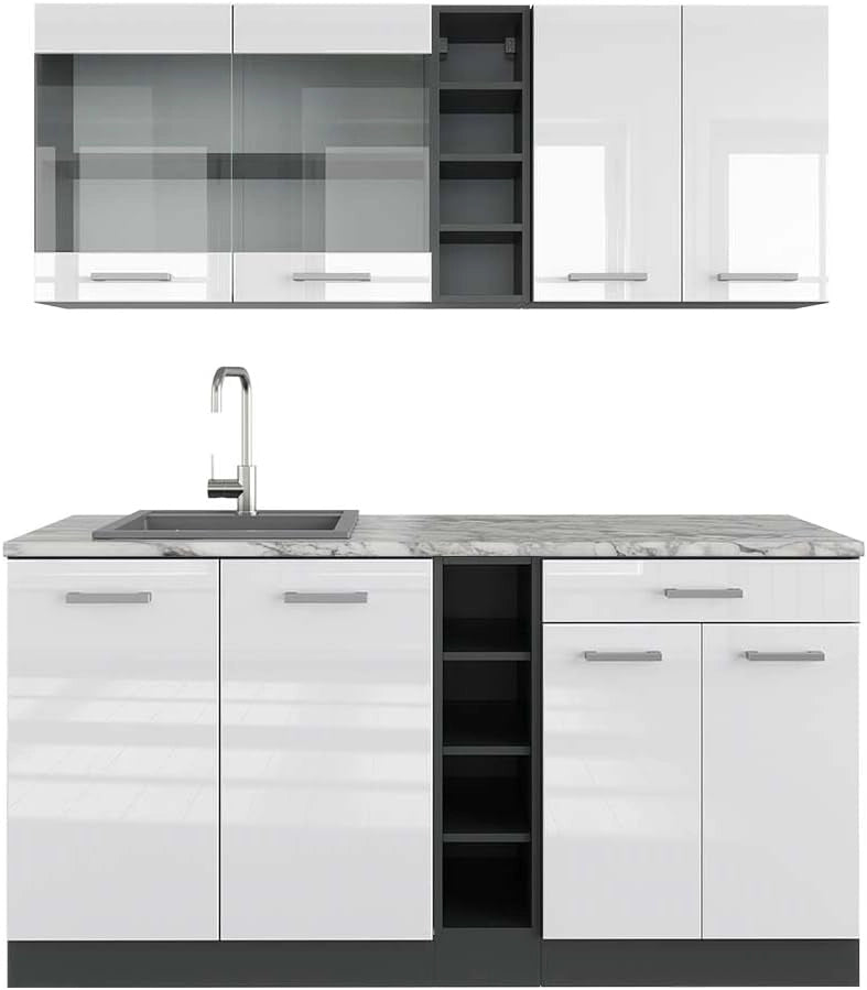 Cucina completa R-Line, Bianco lucido/antracite, 160 cm, PL Marmo, adatto per l'espansione individuale con moduli aggiuntivi