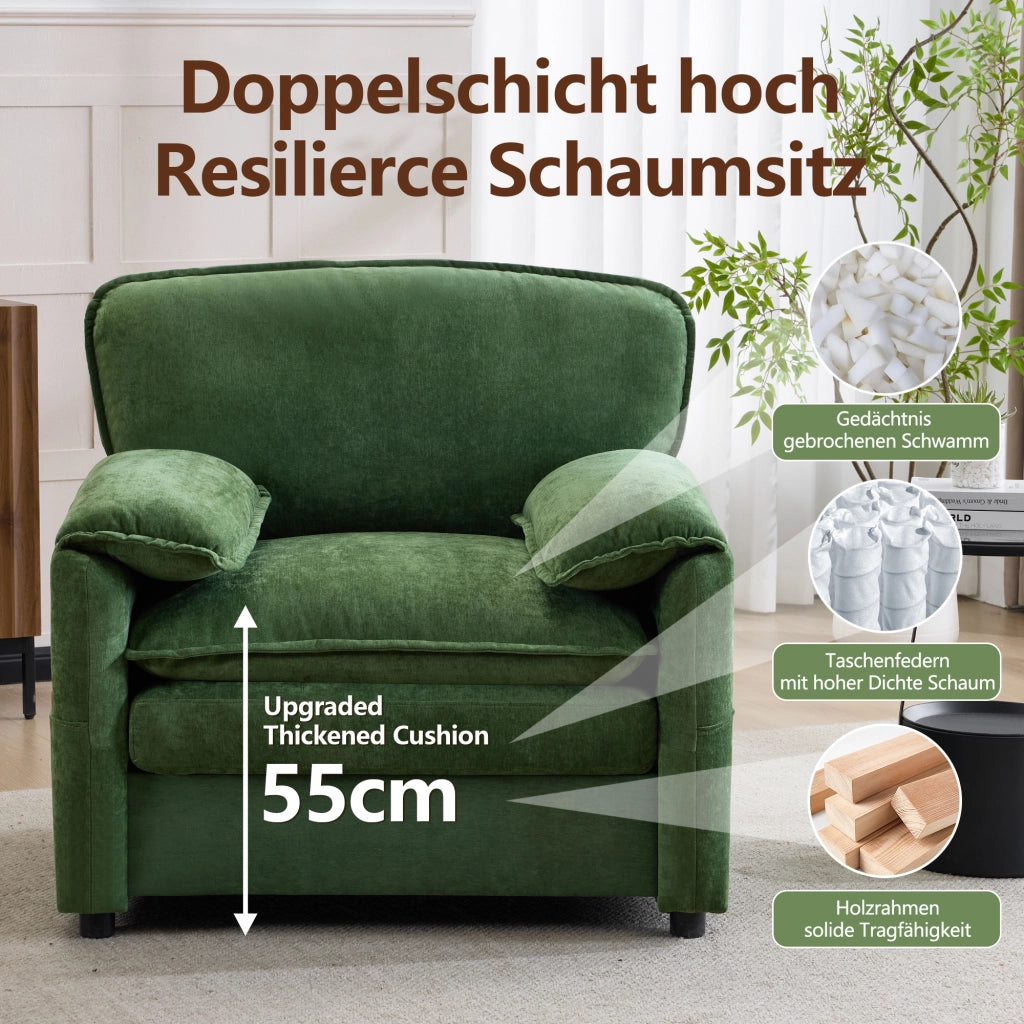 Canapé droit con tasche laterali e seduta imbottita per soggiorno balcone e studio in velluto chenille verde scuro