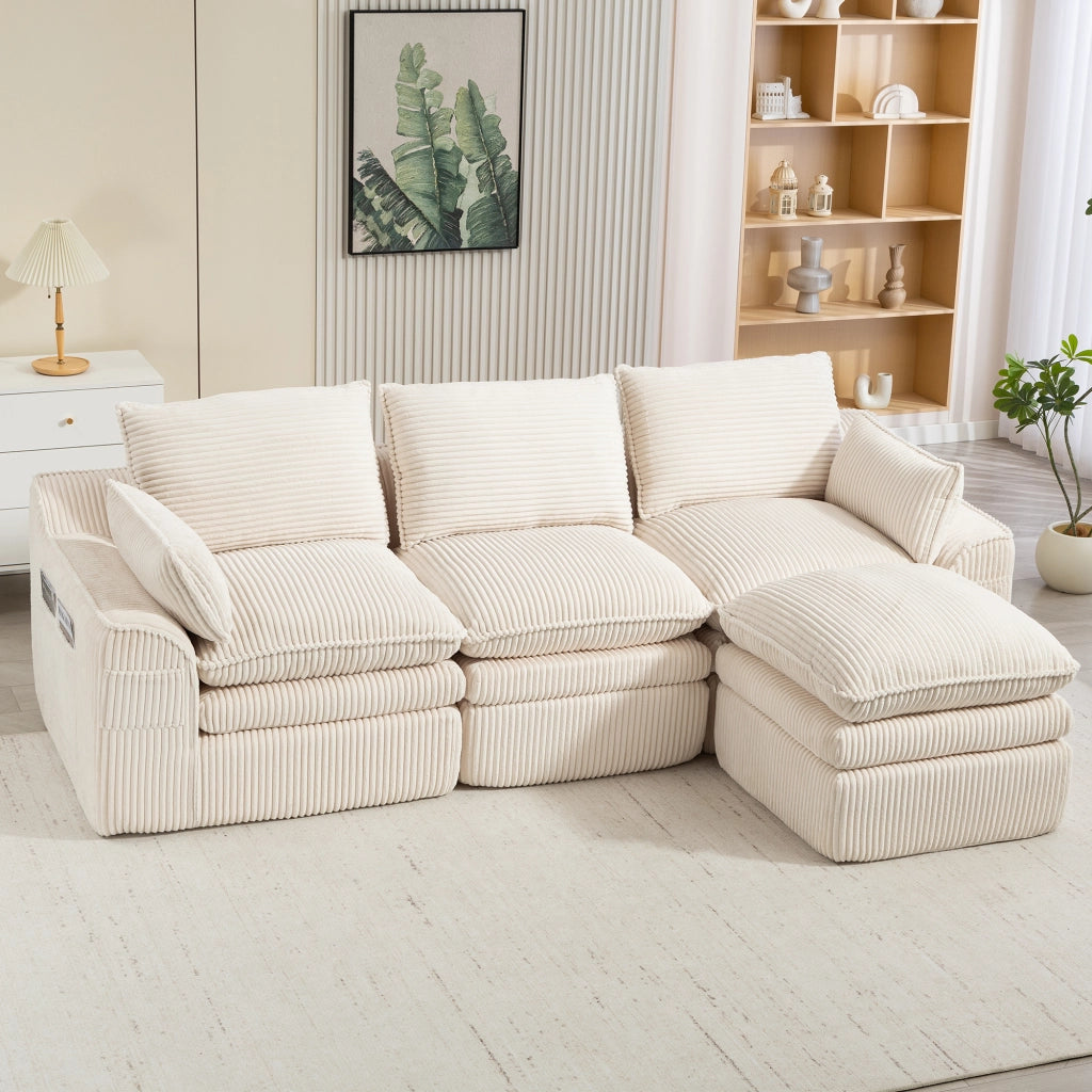 Divano modulare 3 posti in velluto a coste con cuscini, tasche laterali e schiuma a 3 strati, beige