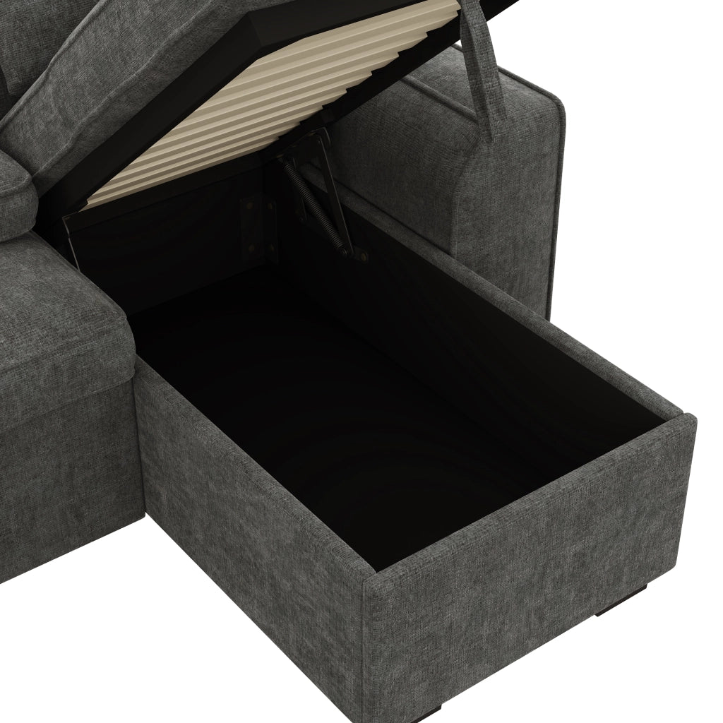 Divano angolare convertibile 3 posti con contenitore; funzione letto e USB in chenille grigio 237×141×86 cm