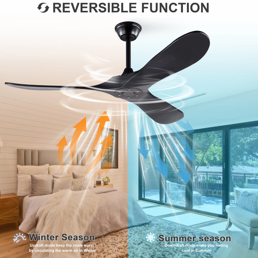 Ventilatore da soffitto nero design moderno 52 pollici, 3 pale legno massello, senza illuminazione, motore DC reversibile silenzioso