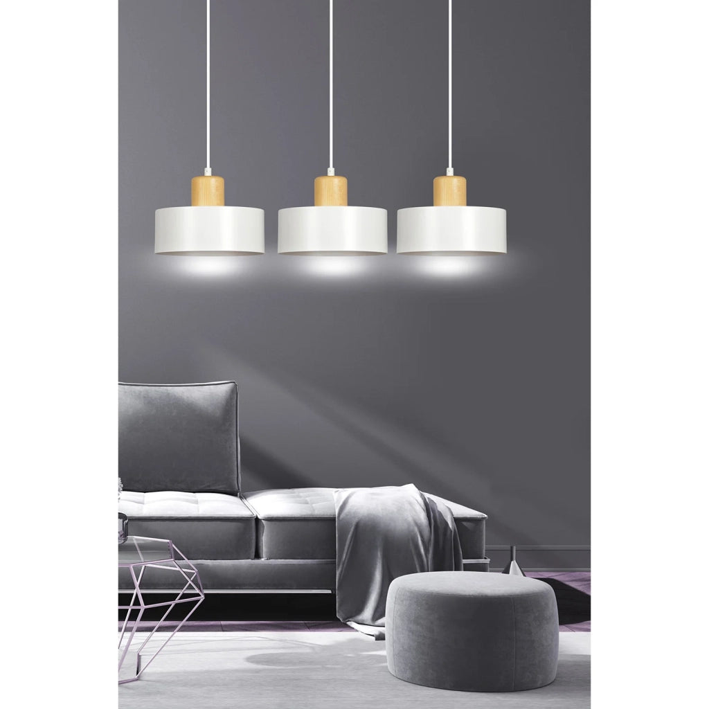 Sospensione Nordica 3 Luci Surya In Acciaio Bianco E Legno