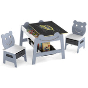Tavolo per bambini e 2 sedie con piano reversibile lavagna bianca e gesso, Set scrivania artistica 5-in-1 con 4 ganci vano portaoggetti e contenitori 3-10 anni 50cm Grigio