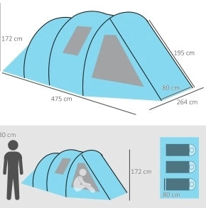 Tenda tunnel per 4 persone a 2 ambienti, blu, con protezione UV e borsa da trasporto
