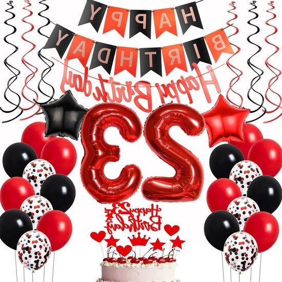 Decorazione di compleanno - Palloni - 23° compleanno - Donna - Rosso - Nero - Pallone decorativo - Decorazione della torta - 23 anni - Donna - Decorazione di compleanno - 23° compleanno