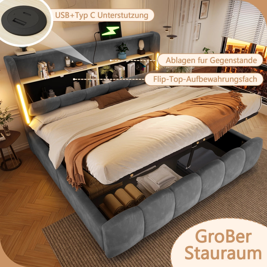 Letto imbottito 180x200 LED testiera stivaggio idraulico USB/Type-C velluto