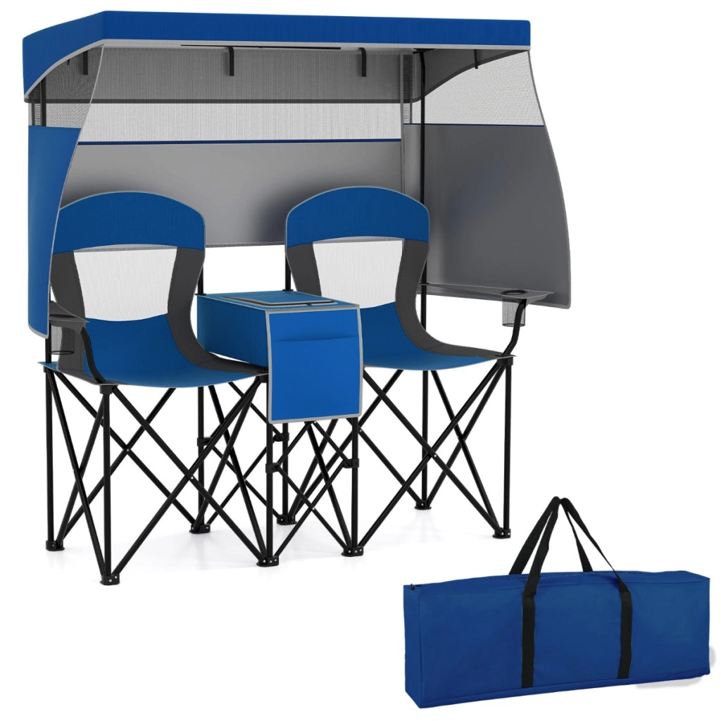 Sedia doppia da spiaggia tende ombreggianti su 3 lati borsa termica, Doppia sedia da spiaggia con tettoia regolabile Blu-Tavoli e sedie da campeggio