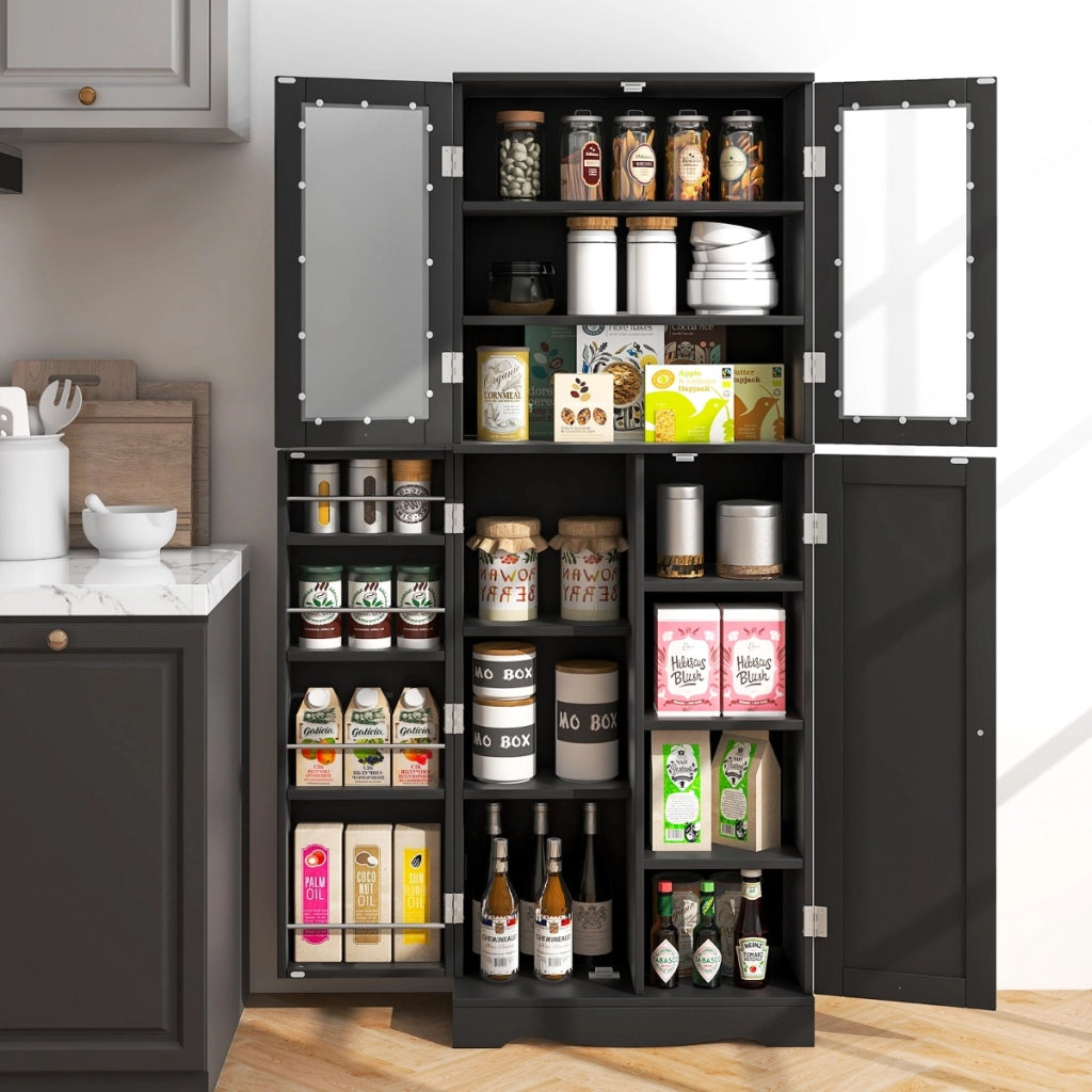 Mobile dispensa da cucina alto 161,5cm con ante in vetro ripiani di stoccaggio, Armadio dispensa per alimenti Nero-Credenze buffet