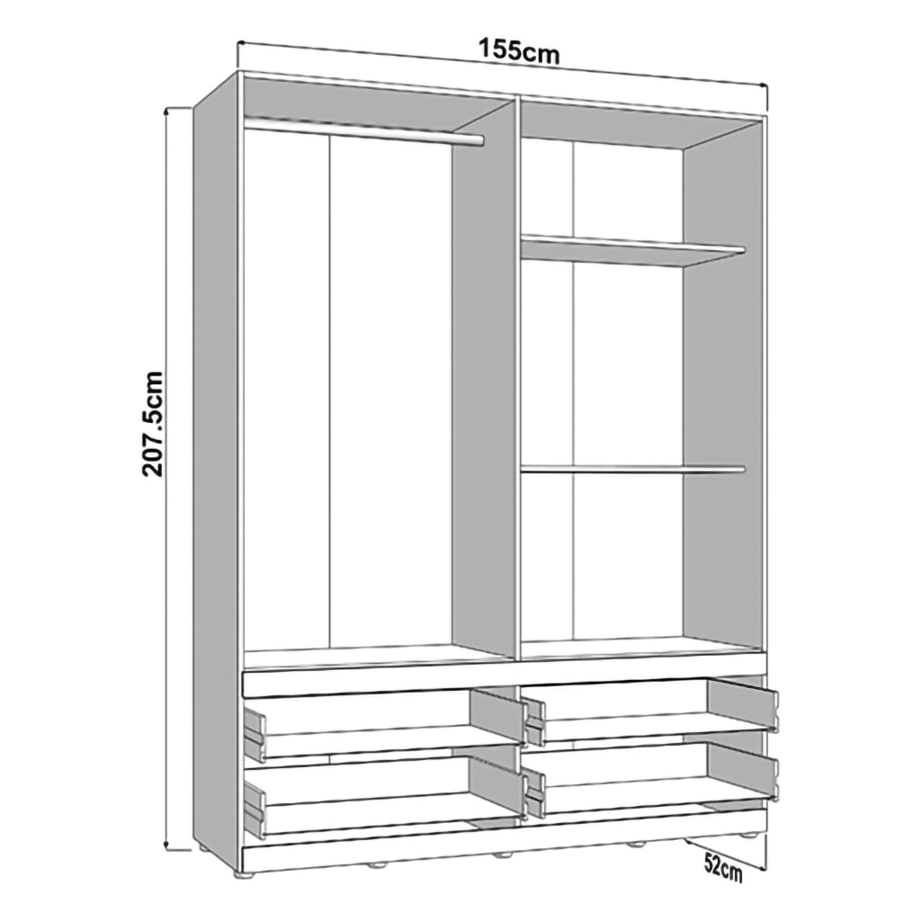 Armadio Camera da Letto Taxco, Guardaroba Grande 4 Cassetti, 155x208h cm Bianco Opaco