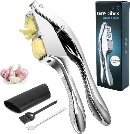 Impastatrice 2 in 1 per aglio in acciaio inossidabile - purea di aglio e semi di aglio - con spazzola di pulizia - aiuto in cucina con zenzero - schiuma siliconica